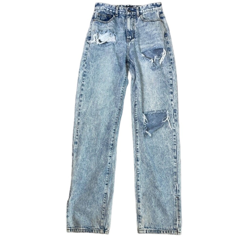 Nasty Gal jeans Split Hem Distressed Straight Leg Jeans US SZ 10 distressed acid - Picture 3 of 12